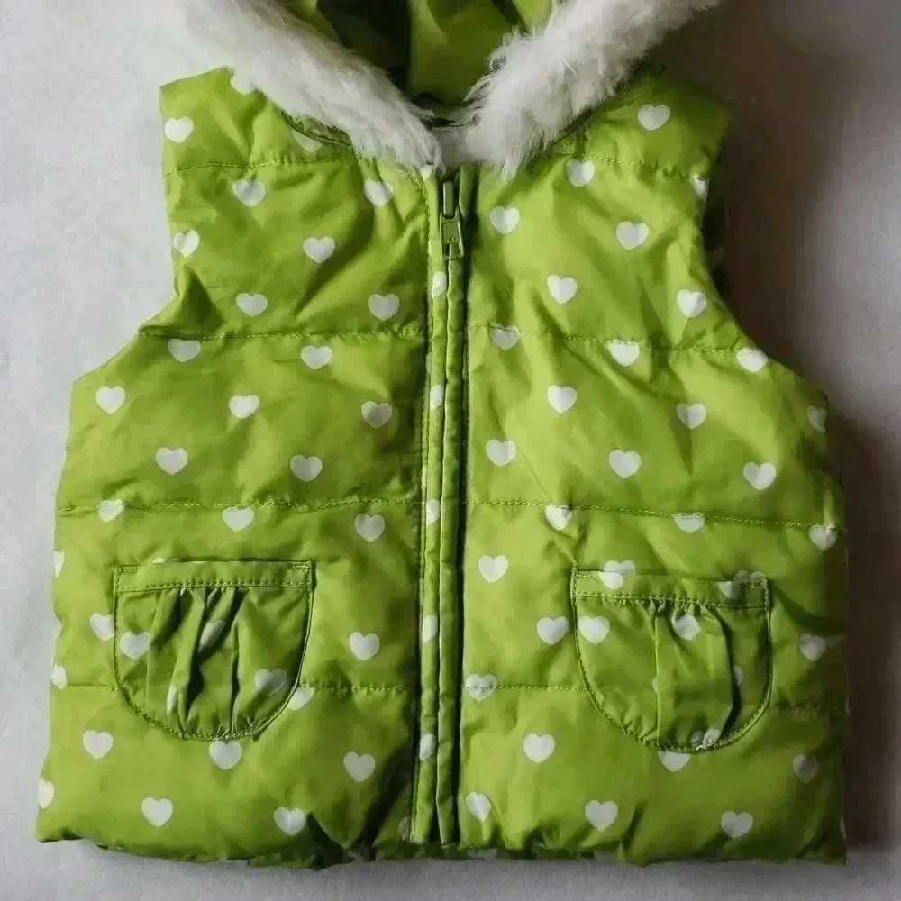 Gymboree Green Vest Hearts and Faux‎ FurTrim Hood 6-12 months
